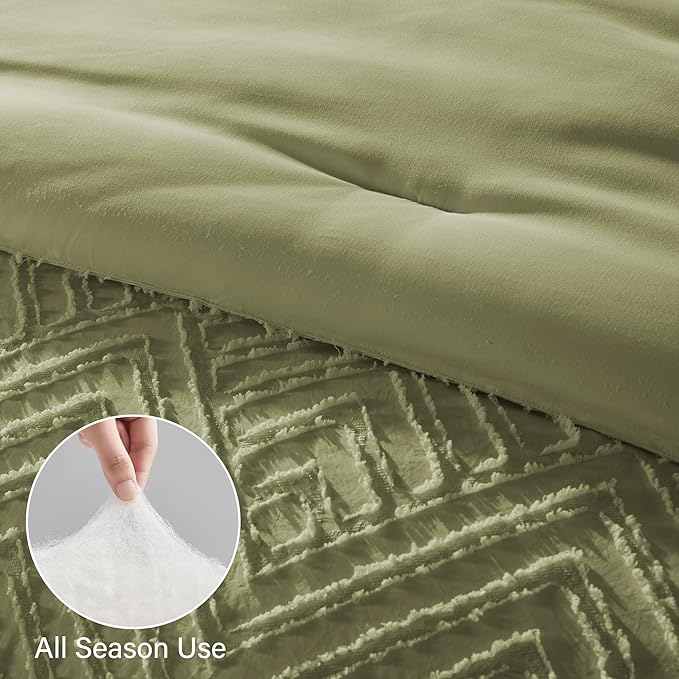 Zzlpp King Comforter Set 7 Pieces, Army Green Tufted Bed in a Bag with Comforter and 2 Sheets, All Season Boho Bedding Sets with 1 Comforter, 2 Pillow Shams, 2 Pillowcases