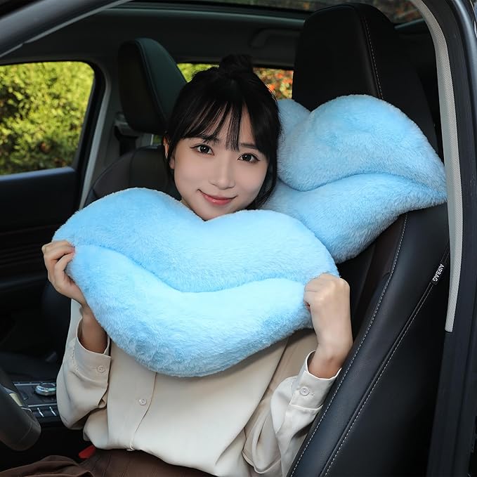 Sexysamba 2 Pack Lip Shaped Car Headrest Pillow, Comfortable Soft Head Rest Cushion Kawaii Car Accessories Cute Car Neck & Seat Pillow for Driving Travelling Office Home Decor - Light Blue Lip