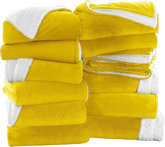 MOONLIGHT20015 Ochre Sherpa Fleece Throw Blanket Twin Size for Bed - Wholesale Bulk Pack of 12 Sherpa Blankets - Soft Fluffy Throw Blankets for Hotels, Guest Bedroom (Yellow, 60x80 Inches)