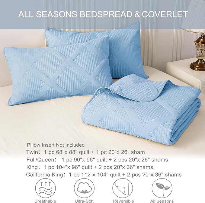 Exclusivo Mezcla Quilt Set Oversized King Size, 3 Pieces Sky Blue Cal King Quilt Bedding Set, Lightweight Quilts Soft Bedspreads Modern Striped Coverlets for All Seasons