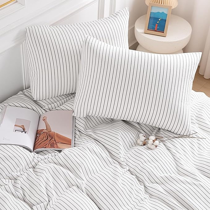 NEXHOME PRO Striped Duvet Cover Oversized Queen,100% Washed Cotton Bedding Set,Textured Linen Feel,Breathable,Organic,3 Piece(Grey Stripes 98x98)