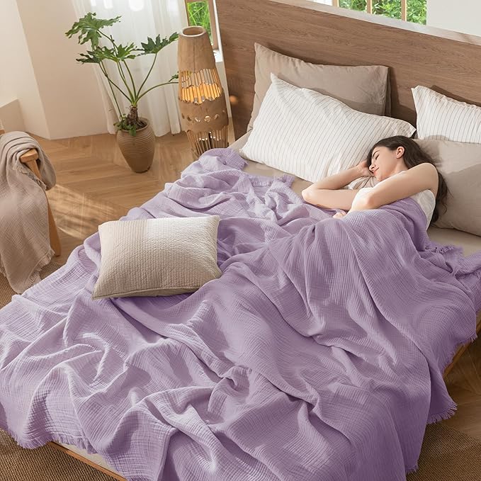 MooMee Muslin Blanket - 100% Cotton 4-Layer Gauze Throw Blanket with Tassels Ultra-Soft Breathable Lightweight Cooling for Bed Couch (Light Purple, Queen 90" x 90")
