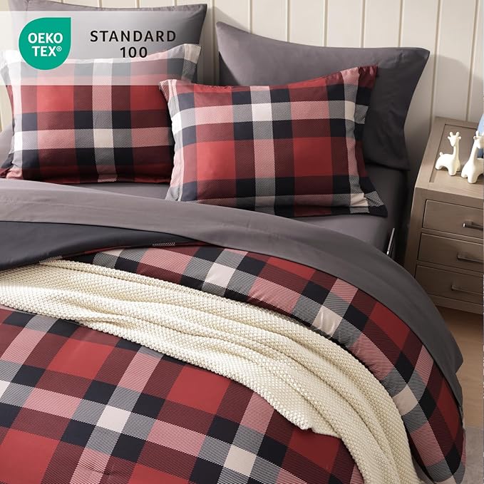 Full Size Comforter Set, Red Plaid Bedding Set 7 Pieces for Boys Girls, Classic Checkered All Season Bed in a Bag for Dorm with Sheets, Pillowcases & Shams