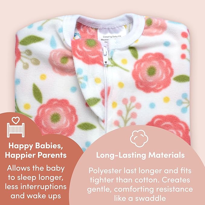 SleepingBaby Zipadee-Zip Transition Swaddle - Cozy Fleece Wearable Blanket with Two-Way Zipper for Baby Sleep - Pretty Poppy, Medium (6-12 Month)