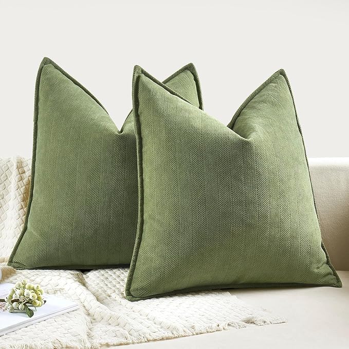 MIULEE Pack of 2 Sage Decorative Pillow Covers 18x18 Inch Soft Chenille Luxurious Couch Throw Pillows Farmhouse Cushion Covers with Elegant Design for Sofa Bedroom Living Room Spring Home Decor