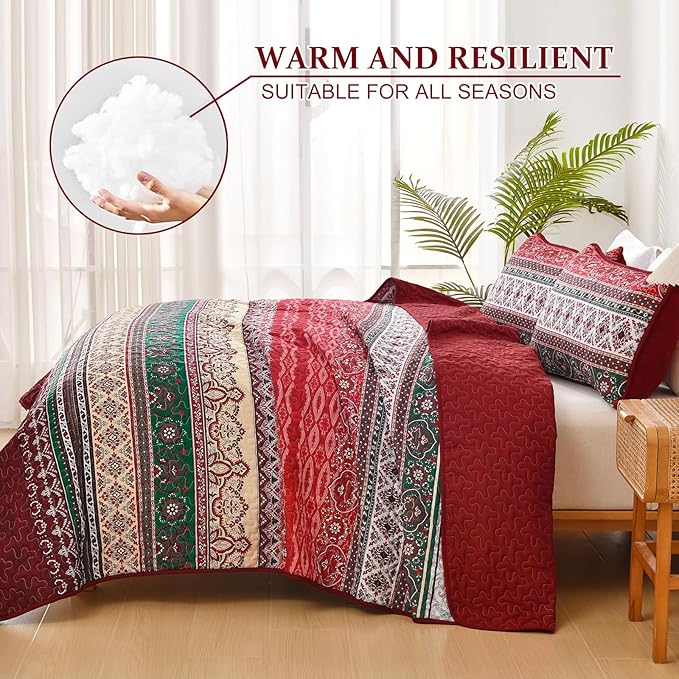 WONGS BEDDING Boho Queen Quilt Set, Red Bohemian Quilt Bedding Set, Lightweight Bed Decor Bedspread for All Season Reversible Microfiber Coverlet Bedding Set 96"x90"(3 Pieces)