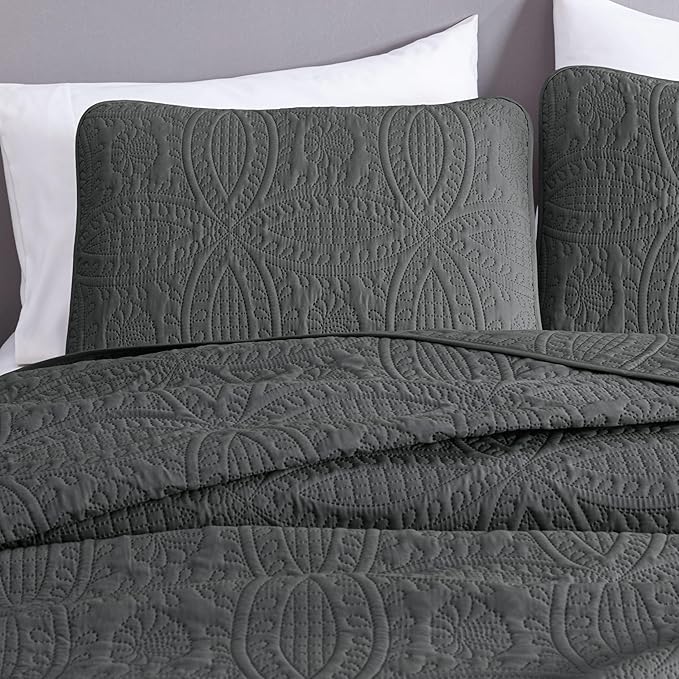 Chezmoi Collection Austin 3-Piece Oversized Bedspread Coverlet Set (Queen, Charcoal)