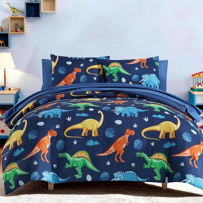 Twin Comforter Set for Boys-5 Pieces Navy Dinosaur Twin Bedding Sets for Kids, Ultra Soft Bed in A Bag with Sheets