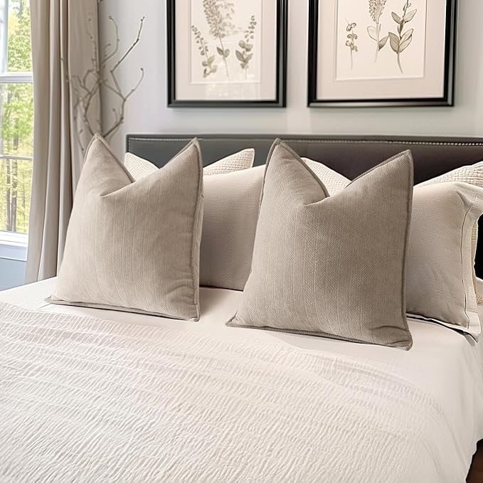 MIULEE Pack of 2 Beige Decorative Pillow Covers 24x24 Inch Soft Chenille Luxurious Couch Throw Pillows Farmhouse Cushion Covers Euro Shams with Elegant Design for Sofa Bed Living Room Spring Decor