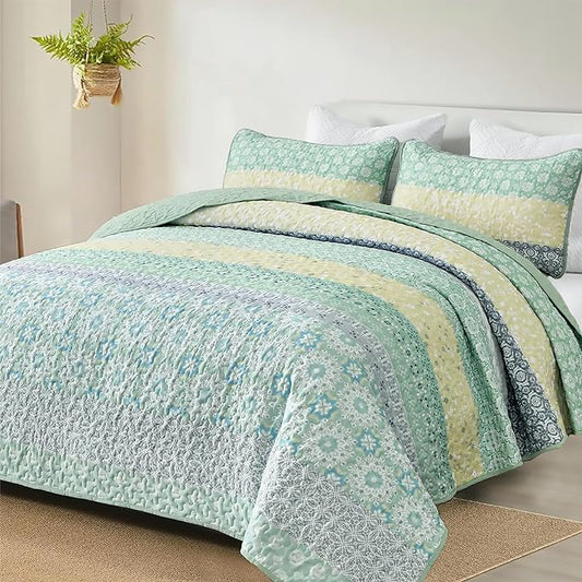 WONGS BEDDING Boho Quilt Set King, Sage Green Bohemian Striped Patchwork Bedspread Coverlet Set with 2 Pillowcases,Lightweight Microfiber Floral Bedding Set 104"×90"