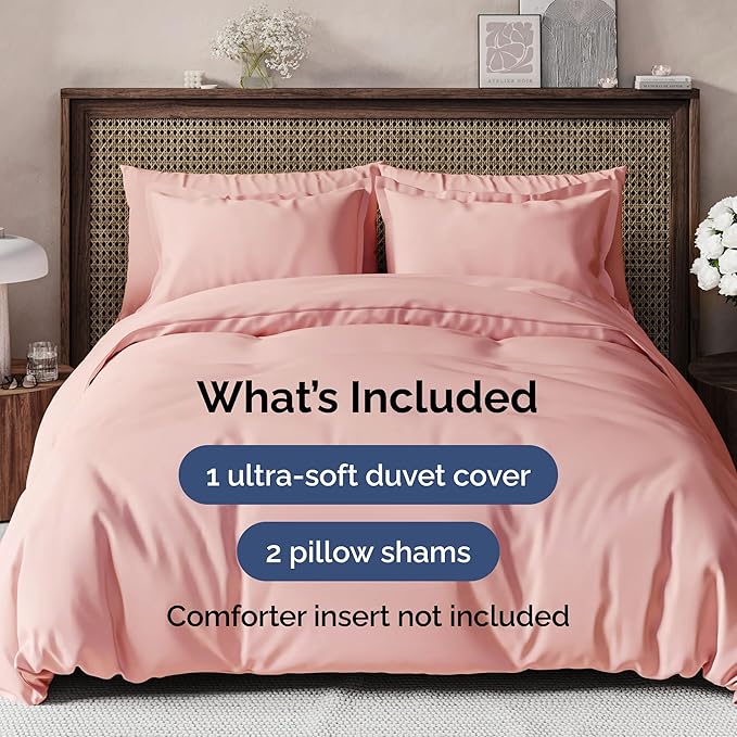 Duvet Cover Full Size - Extra Soft Full Size Duvet Cover - Lightweight, Breathable & Cozy - Easy Care & Fade Free w/ Zipper Closures & Ties - 80" x 90" Inches - (Baby Pink) Comforter Not Included