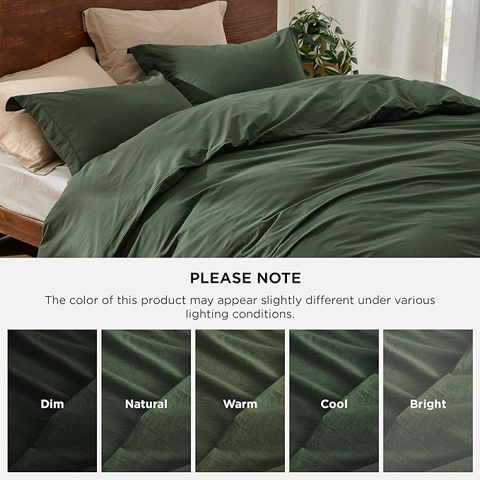 Bedsure 100% Washed Cotton Duvet Cover Full Size - Olive Green Minimalist Cotton Duvet Cover Linen Like for All Seasons - GentleSoft™ Plain Simple Bedding (Olive Green, Full, 80"x90")