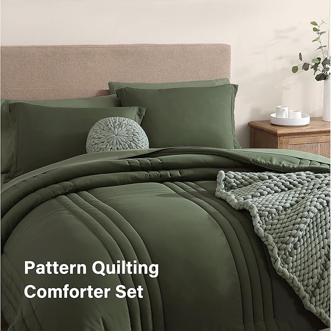 Monbix Full Comforter Set - 7 Pieces Olive Green Bed in a Bag Full Size Bedding Sets with Comforters, All Seasons Comforter with Sheets, Pillowcases & Shams
