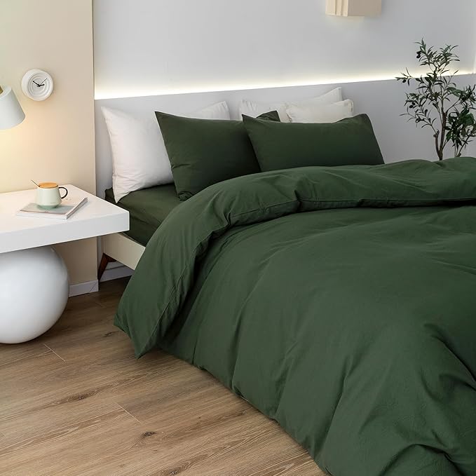 JIYUAN 100% Washed Cotton Duvet Cover Set 2 Pieces Twin, 1 Duvet Cover 68x90 Inches(Comforter Not Included) and 1 Pillowcases,Linen Feel Bedding Set Comfy and Breathable,Forest Green