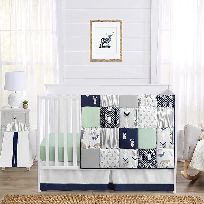 Sweet Jojo Designs Navy Blue, Mint and Grey Woodsy Deer Boys Baby Bedding 4 Piece Crib Set