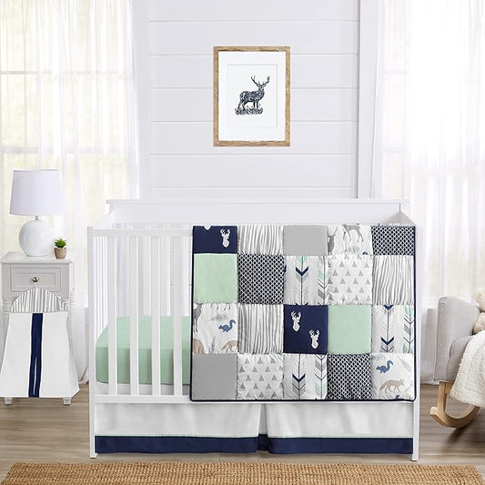 Sweet Jojo Designs Navy Blue, Mint and Grey Woodsy Deer Boys Baby Bedding 4 Piece Crib Set