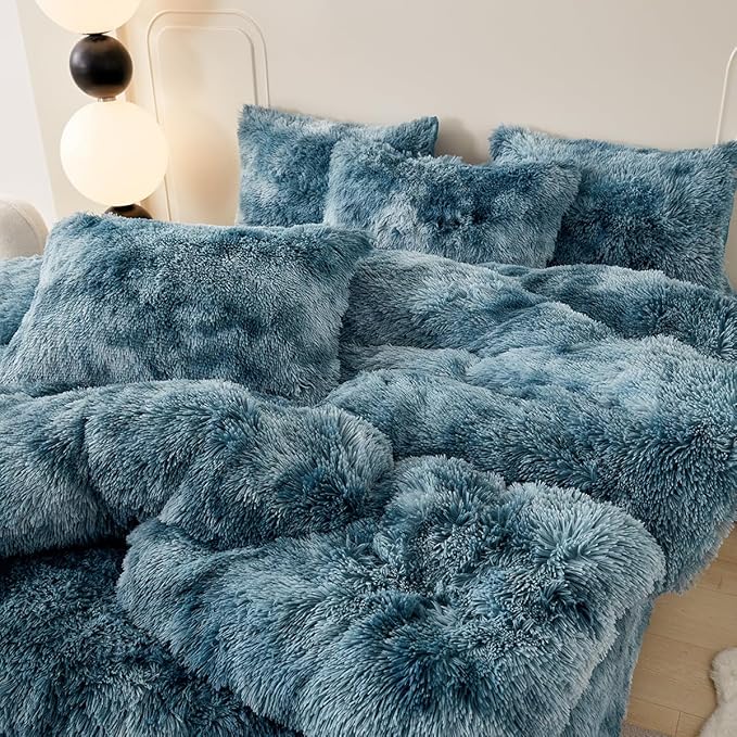 PERFEMET Fuzzy Faux Fur Comforter Set Queen Size 3 Pcs Colorful Plush Shaggy Tie Dye Teal Blue Bedding Set Ultra Soft Comfy Fluffy Furry Velvet Quilt Set(Turquoise, Queen)