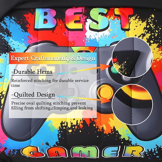 JQinHome Twin Gamer Bedding Set for Boys,6 Piece Bed in A Bag 3D Video Gamer Comforter -All Season Microfiber Gaming Bedding Set for Kids, with Sheet Sets (Rainbow Black)