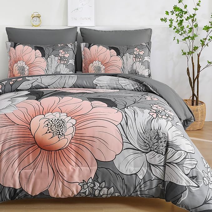 Xruibed Queen Comforter Set 7 Pieces Grey Floral Comforter Set Queen Size Bed in a Bag Flower Bedding Sets Lightweight Boho Bed Set with Sheet,Pillowcases&Shams for All Season