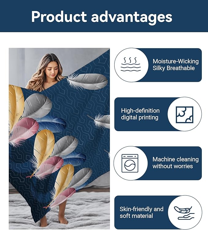 Bedspreads and Matching Curtains, 1 Bedspread 2 Pillowcases 2 Print 4 Solid Curtains, Blue Feather Microfiber California King Bed in a Bag Set, Easy Care for Vacation Home