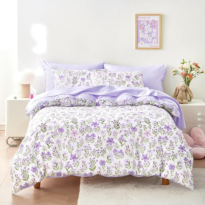 Wake In Cloud - Floral Bedding Set for Girls, Cute Colorful Botanical Flowers Patterned Soft Lightweight Comforter Set with Sheets, 5 Pieces Kids Bed in a Bag, Purple White, Twin Size
