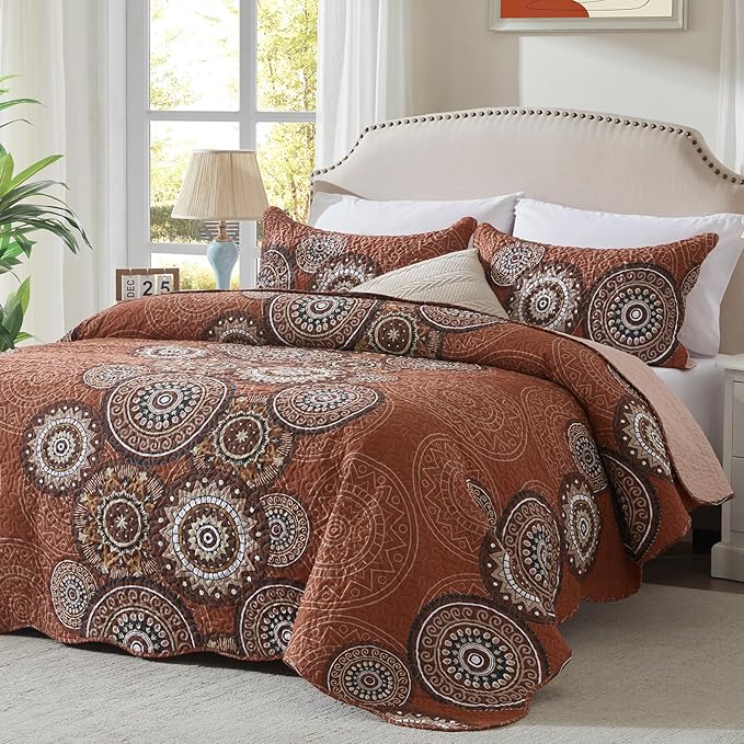 LEAONME 3-Piece Full Queen Size Burnt Orange Rust Quilt Set Lightweight Oversized Bedspread 90''x98'' Soft Microfiber Floral Coverlet Luxurious Warm Bed Cover for All Seasons (1 Quilt, 2 Pillow Shams)