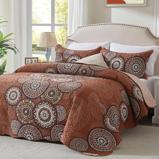 LEAONME 3-Piece Full Queen Size Burnt Orange Rust Quilt Set Lightweight Oversized Bedspread 90''x98'' Soft Microfiber Floral Coverlet Luxurious Warm Bed Cover for All Seasons (1 Quilt, 2 Pillow Shams)