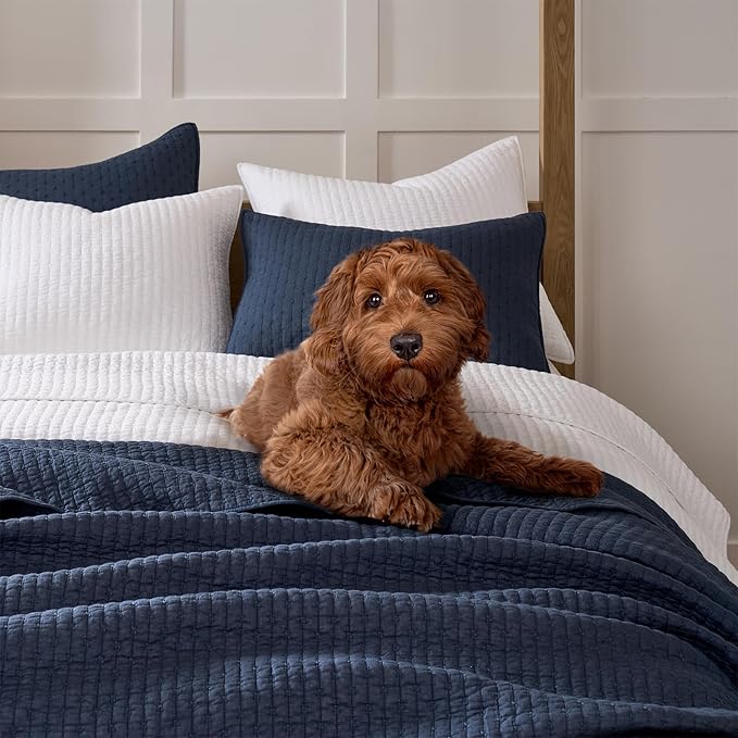 Levtex Home Cross Stitch Reversible King/Cal King Quilt Set (106x92in) and 2 Pillow Shams (36x20in) - Stitch Texture - Navy - Cotton King Size Quilt Bedding Set - Lightweight Soft Pre-Washed