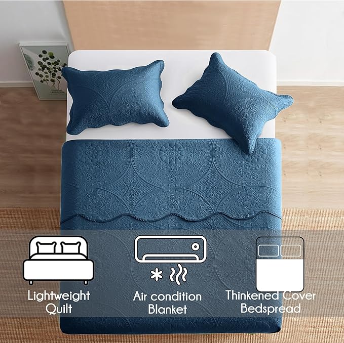 IR Imperial Rooms California King Quilt Bedding Set Size (118"x106") + 2 Pillow Shams (20" x 36"+ 2") - 3 Pcs All Season Reversible Microfiber Coverlet Embossed Floral Quilt Bedspread (Light Blue)