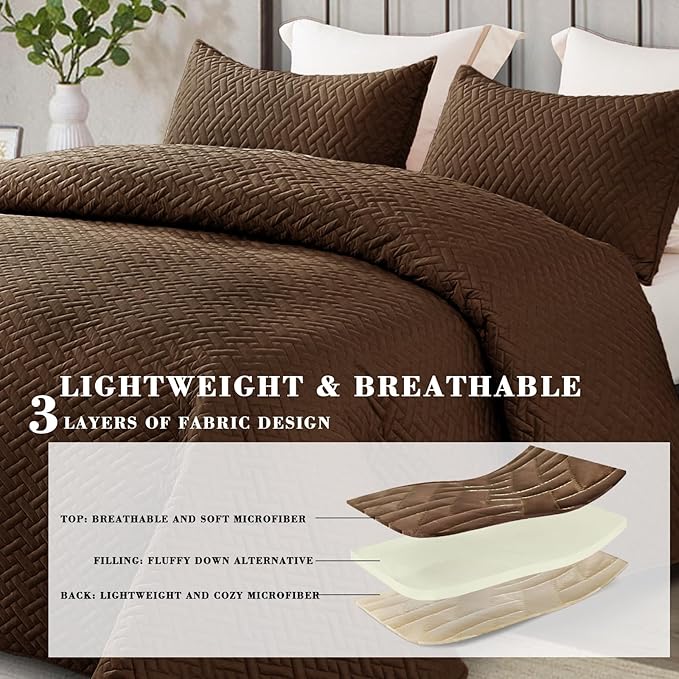 Exclusivo Mezcla King Size Quilt Bedspreads with Basket Weave Pattern, Soft Lightweight Summer Quilts Bedding Set Coverlets Bed Cover for All Seasons, Brown