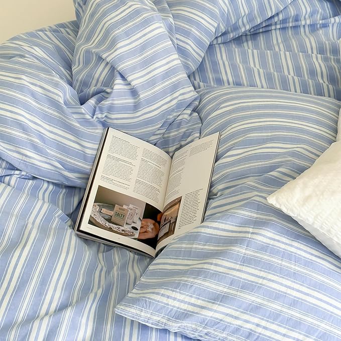 Blue Striped Duvet Cover Twin, 100% Washed Cotton Blue White Stripes Pattern Printed Bedding Set, 3 Pieces Soft Breathable Comforter Cover with Zipper Closure, Retro Striped Farmhouse Bedding Set