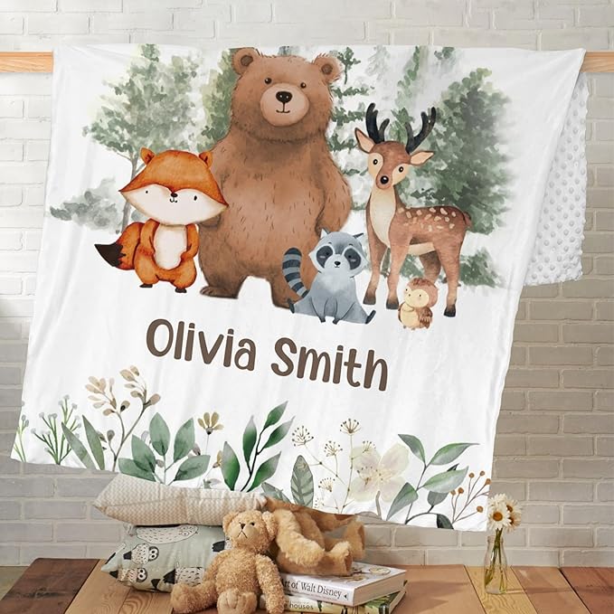 Personalized Baby Blanket, Woodland Baby Blankets for Girls, Super Soft Nursery Blankets with Cotton Front and Dotted Fleece Backing, Printed Bed Throws Newborn