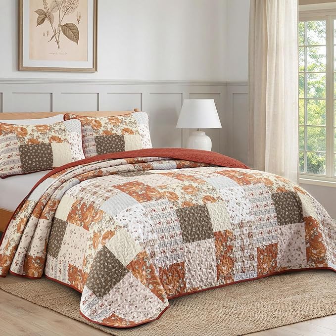 Patchwork Quilts Set Queen Size 3 Pieces Terracotta Plaid Bedspread Coverlet Set, Bohemian Farmhouse Brown Patchwork Quilt Bedding Set for All Season, Reversible Lightweight Bed Cover for All Season