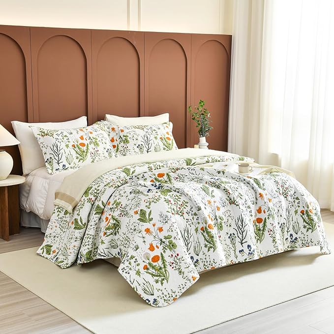 QSH 100% Cotton Floral Quilt Queen Set (90"x98") Yellow Flowers Leaves Plants Pattern Botanical Printed Bedspread Bedding, 3Pcs Soft Lightweight Quilt Coverlet Queen for All Seasons