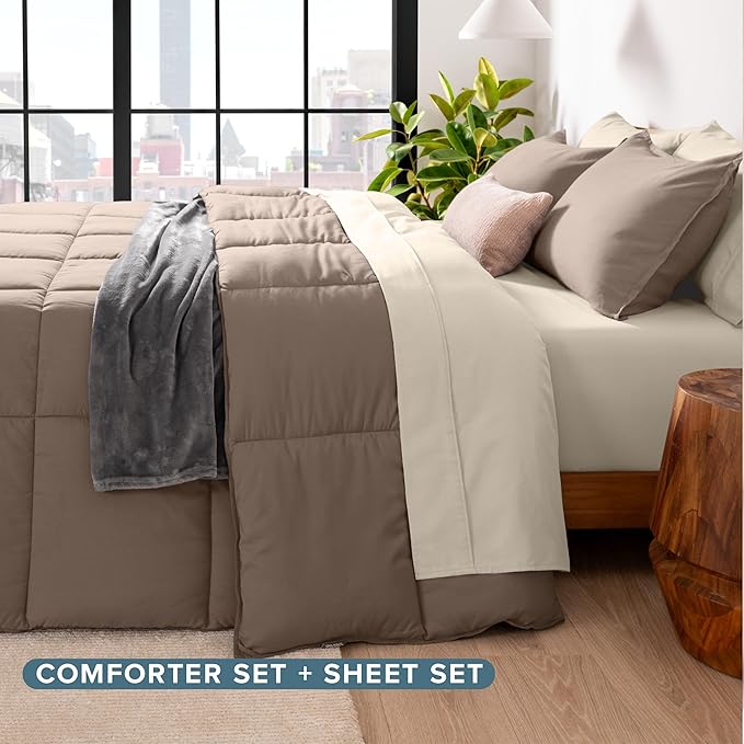Bare Home Bed-in-A-Bag 5 Piece Comforter & Sheet Set - Twin XL - Goose Down Alternative - Ultra-Soft 1800 Premium Bed Set (Twin XL, Taupe/Sand)