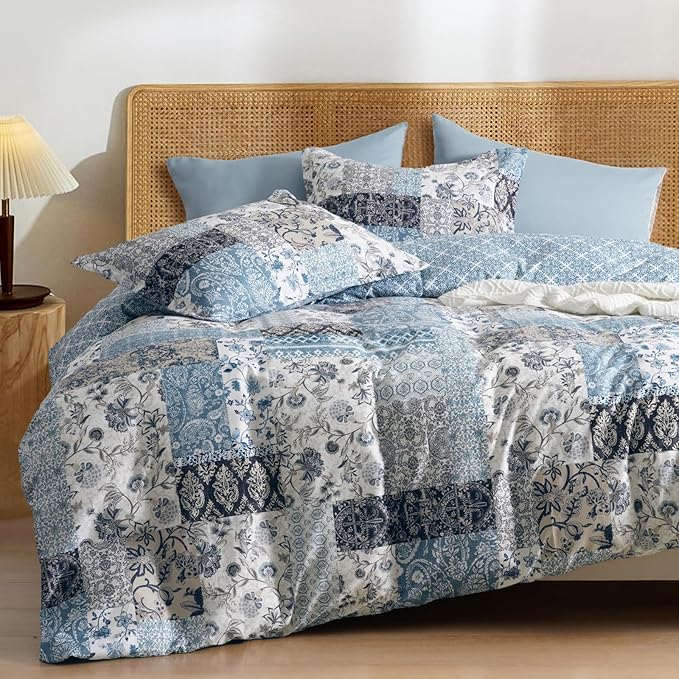 PHF Ultra Soft Floral Duvet Cover Queen Size, Printed boho Bedding Set 3 Pieces, Comfy Farmhouse Reversible Paisley Pattern Duvet Cover Set with 2 Pillow Shams, Zipper Closure and 8 Ties, 90"x90",Blue