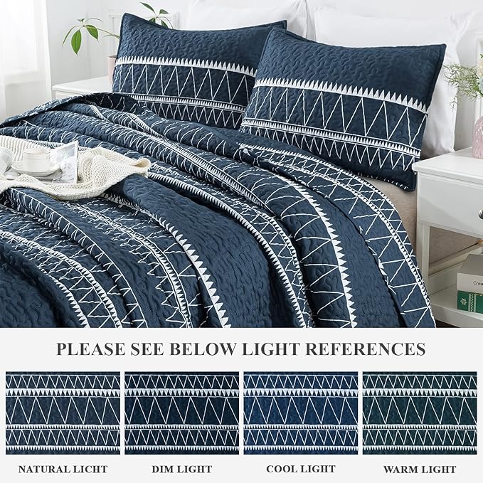 Andency Navy King Size Quilt Set, 3 Pieces Boho Lightweight Soft Striped Bedspread for All Season (106"x96"), Printed Bohemian Microfiber Reversible Coverlet Comforter Sets