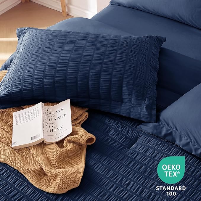 MUXHOMO 7 Pieces King Comforter Set, Seersucker Bed in a Bag King Size, All Season Luxury Bedding Set with Comforter, Flat Sheet, Fitted Sheet, Pillowcases & Shams, Navy Blue