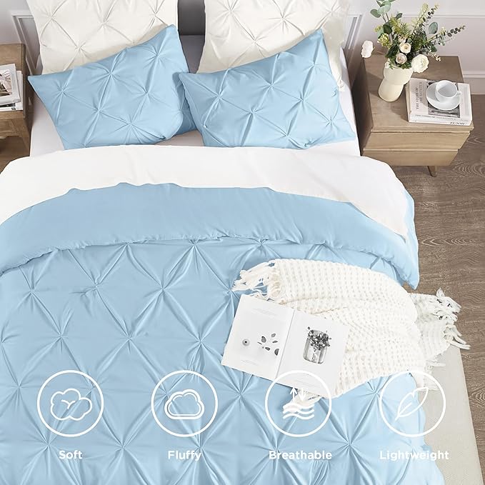 Andency Light Blue Pinch Pleat Comforter Twin(66x90Inch), 2 Pieces(1 Down Alternative Comforter and 1 Pillowcase) Bed Set Microfiber Pintuck Bedding Set