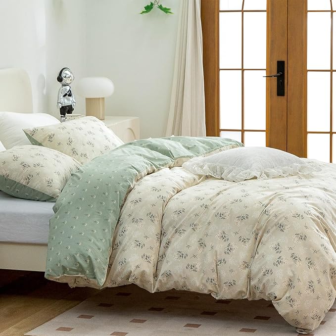 CottonLife Floral Duvet Cover King 100% Brushed Microfiber 3 Pieces King Bedding Sets Reversible Floral Chic Garden Style Pattern King Duvet Cover with Zipper Closure