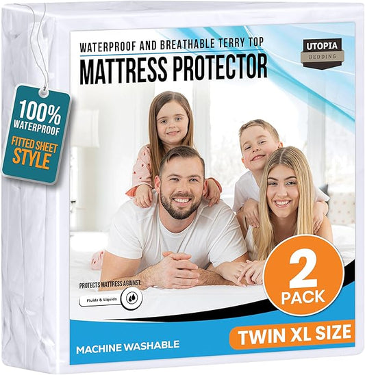 Utopia Bedding Waterproof Mattress Protector Twin XL Size 2 Pack, Premium 200 GSM Terry Mattress Cover, Soft & Breathable Bed Cover, Fitted Sheet Style with Stretchable Deep Pockets 15" (White)
