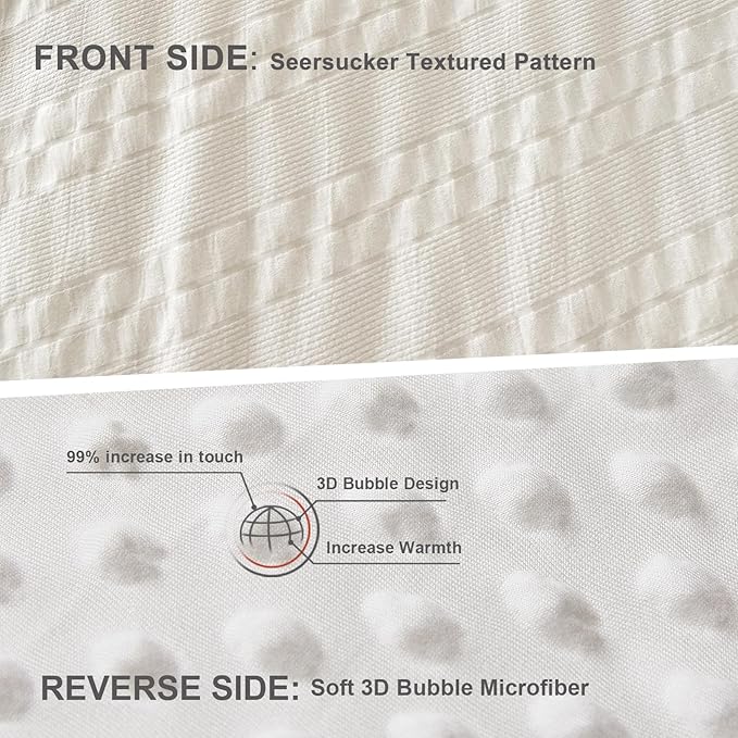 Boho Comforter Set King Size Striped Pleats Bohemian Seersucker Bedding Set All Season Soft Cozy 3 Pieces Quilt with 2 Pillowcases(104"X90" White)