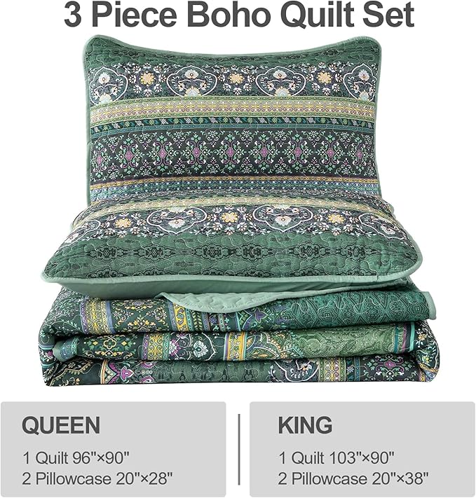 WONGS BEDDING Boho Quilt Full Size, Green Bohemian Full Quilt Set, Lightweight Microfiber Bed Decor Bedspread for All Season 78"x90"(3 Pieces)