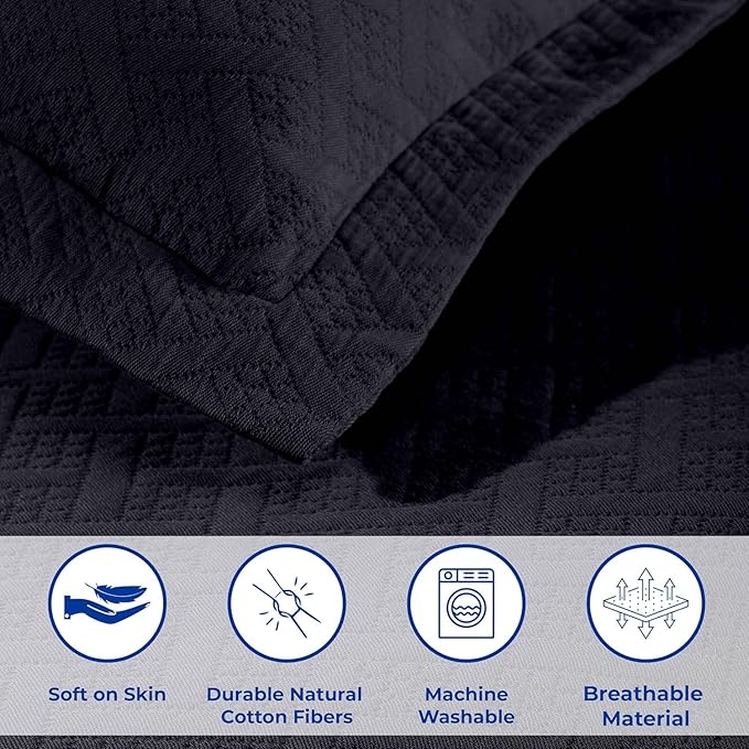 Superior 2 Piece Basketweave Cotton Bedspread Set, Home Bed Decor, Decorative Bed Spread, 1 Pillow Sham, Medium Weight Blanket, Matelasse Coverlet Bedding, Geometric Lattice Pattern, Twin, Navy Blue