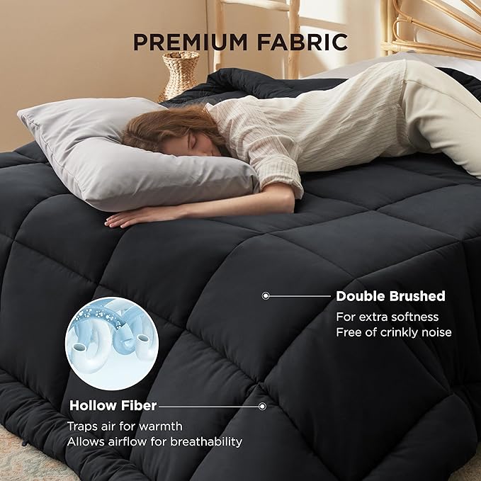 Bedsure Comforter Duvet Insert - Quilted Comforters King Size, All Season Duvet, GentleSoft Down Alternative Bedding, with 8 Tabs, Gifts for Women/Men, Black, King 90 x 102 Inches