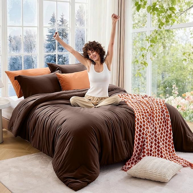 MUXHOMO King Size Comforter Set, All Season Ultra Soft Down Alternative Bedding - 3 Piece Lightweight Bed Set Includes 1 Comforter (104"x90") and 2 Pillow Shams (20"x36"), Dark Brown
