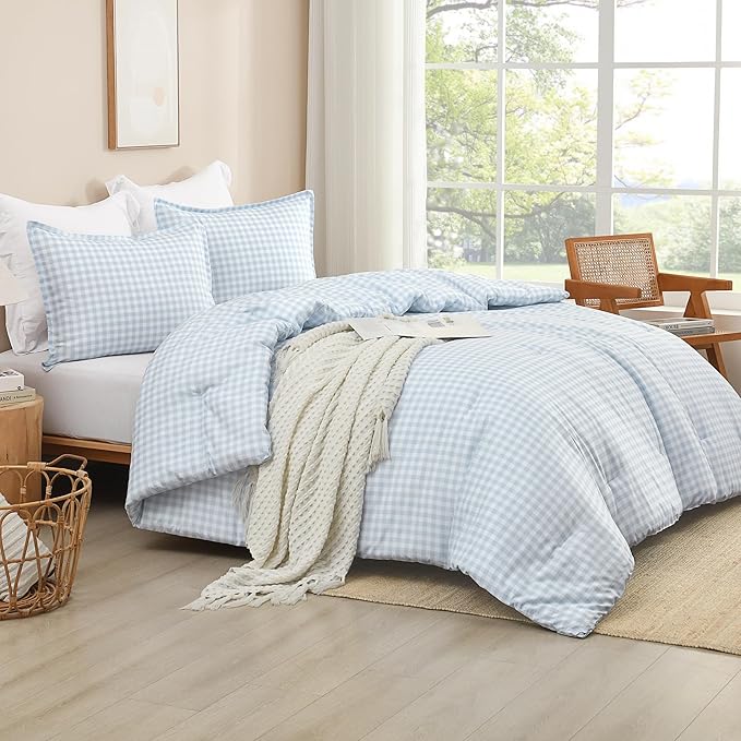Andency Light Blue Gingham Comforter Set Full(79x90Inch), Checkered Grid Plaid Buffalo Bed Set for Girls Boys Kids Teens, 3 Pieces Lightweight Microfiber Geometric Preppy Bedding