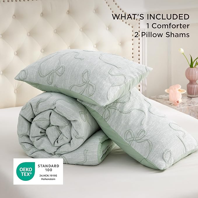 Bedsure King Size Comforter Set, GentleSoft™ 3 Pieces Bow Cute Bedding Green Room Decor Aesthetic, King Bedding Set Gifts for Her Women, 1 Bed Green Comforter, 2 Pillow Shams, 104x90 Inches