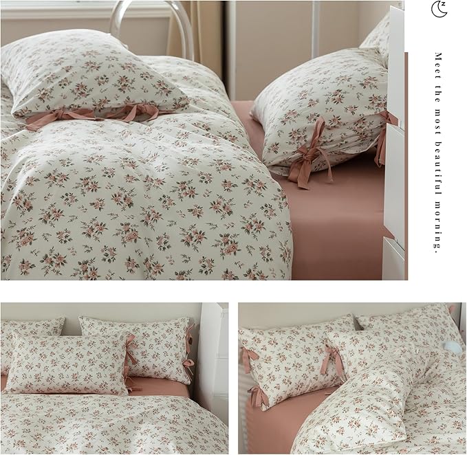 Boho Duvet Cover Twin XL 3 Piece Cottagecore Pink Floral Bedding Set for Teen Girl Dorm Vintage Flowers Room Decor Princess Bedding 1 Twin XL Duvet Cover 2 Pillowcases with Bow Ties