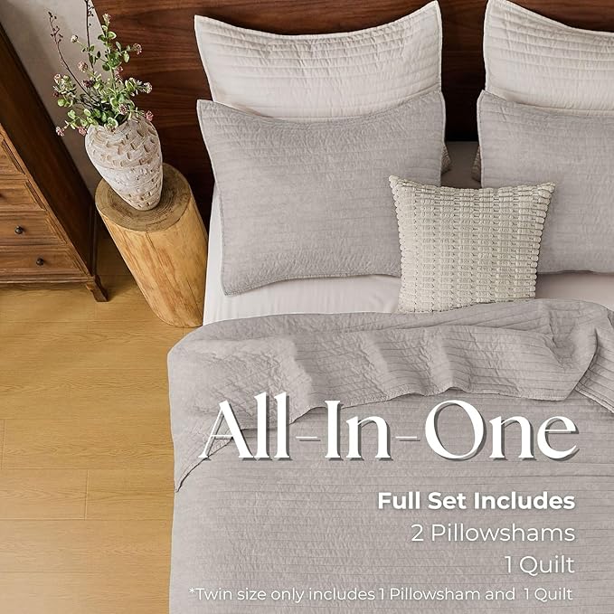 DOWN HOME Cali King Quilt Bedding Set with Shams, Vintage Washed Quilted Blanket Thin Comforter Lightweight Bedspread Coverlet Bed Cover, Brushed Microfiber Stripe Stitching, Light Gray, 111"x92"
